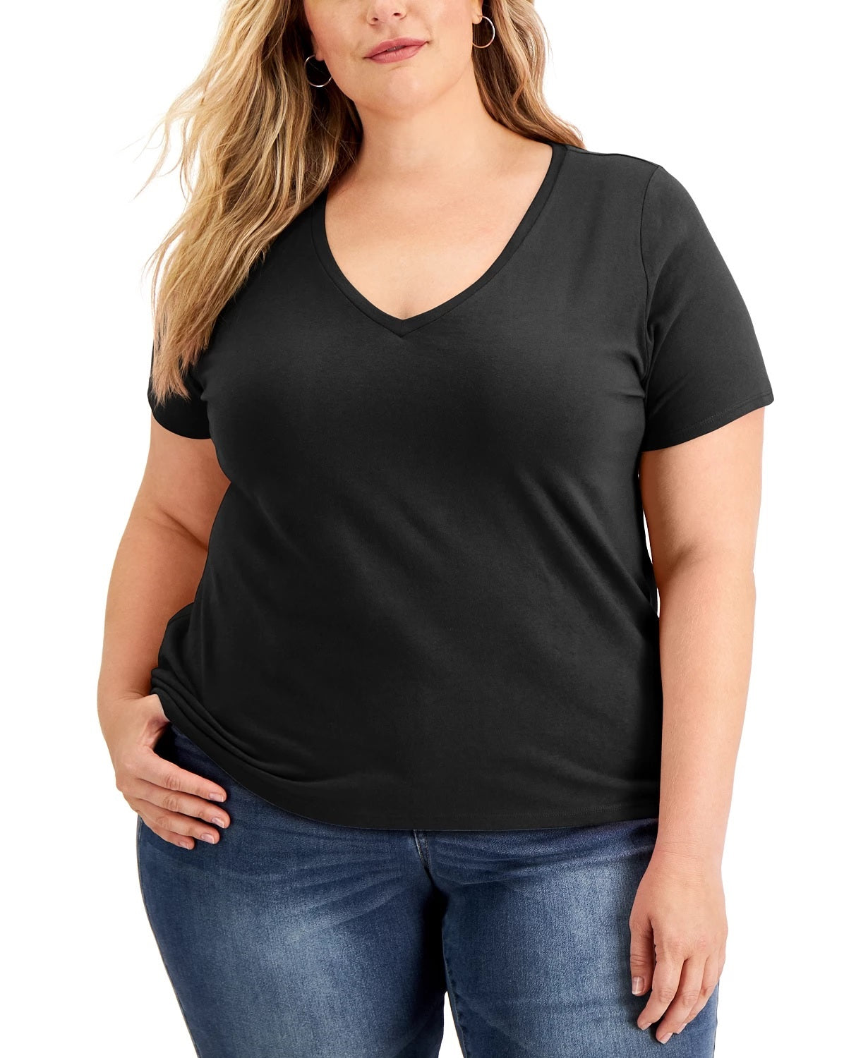 INC International Concepts Women's Plus Size Cotton V-Neck Top Black Size 1X
