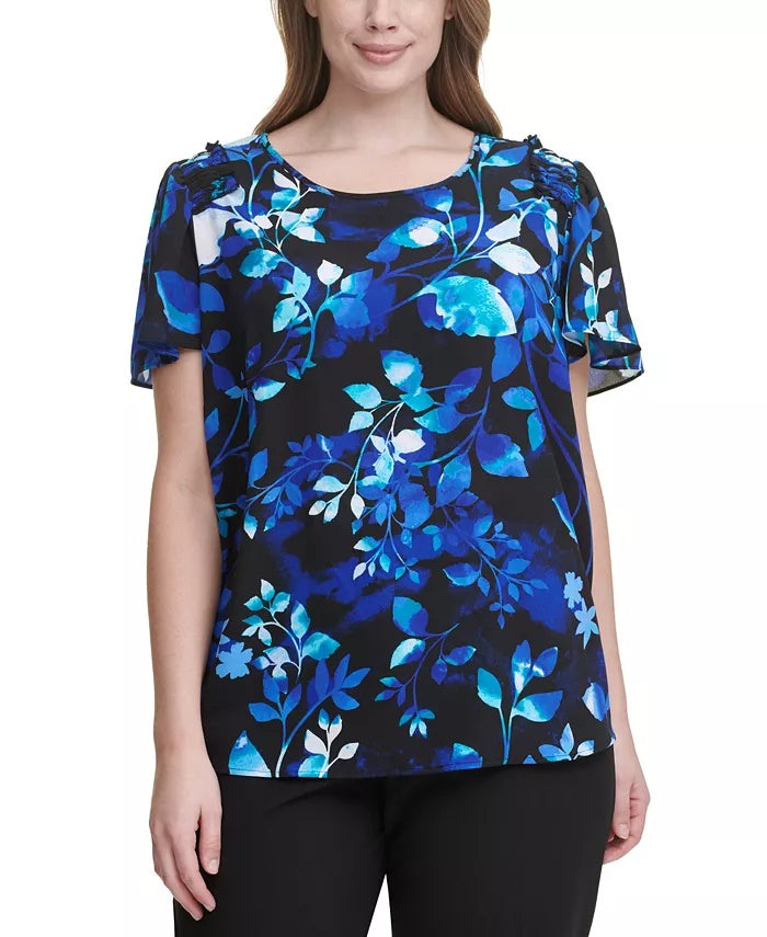 Calvin Klein Women's Plus Size Floral-Print Flutter-Sleeve Top Blue Size 1X