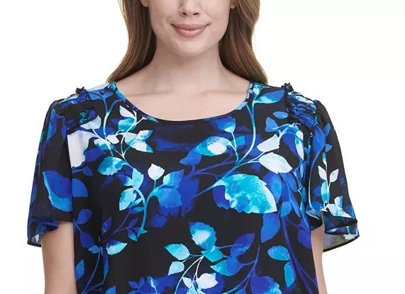 Calvin Klein Women's Plus Size Floral-Print Flutter-Sleeve Top Blue Size 1X