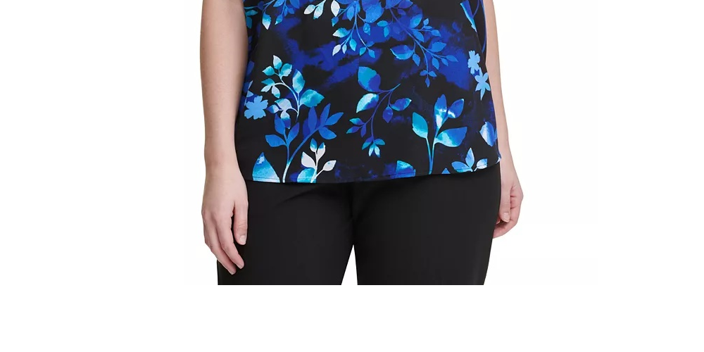 Calvin Klein Women's Plus Size Floral-Print Flutter-Sleeve Top Blue Size 1X