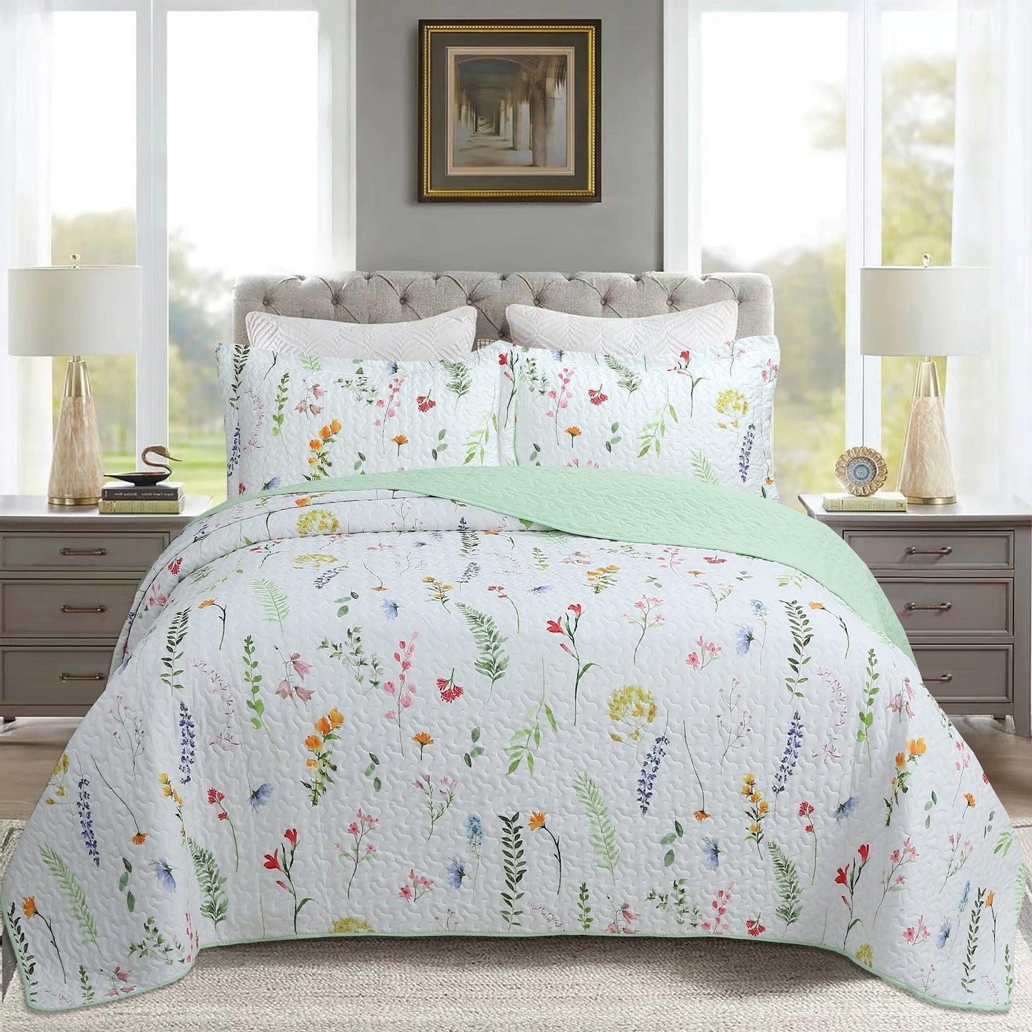 MarCielo 3 Pcs Printed Floral Quilt Bedspread Set