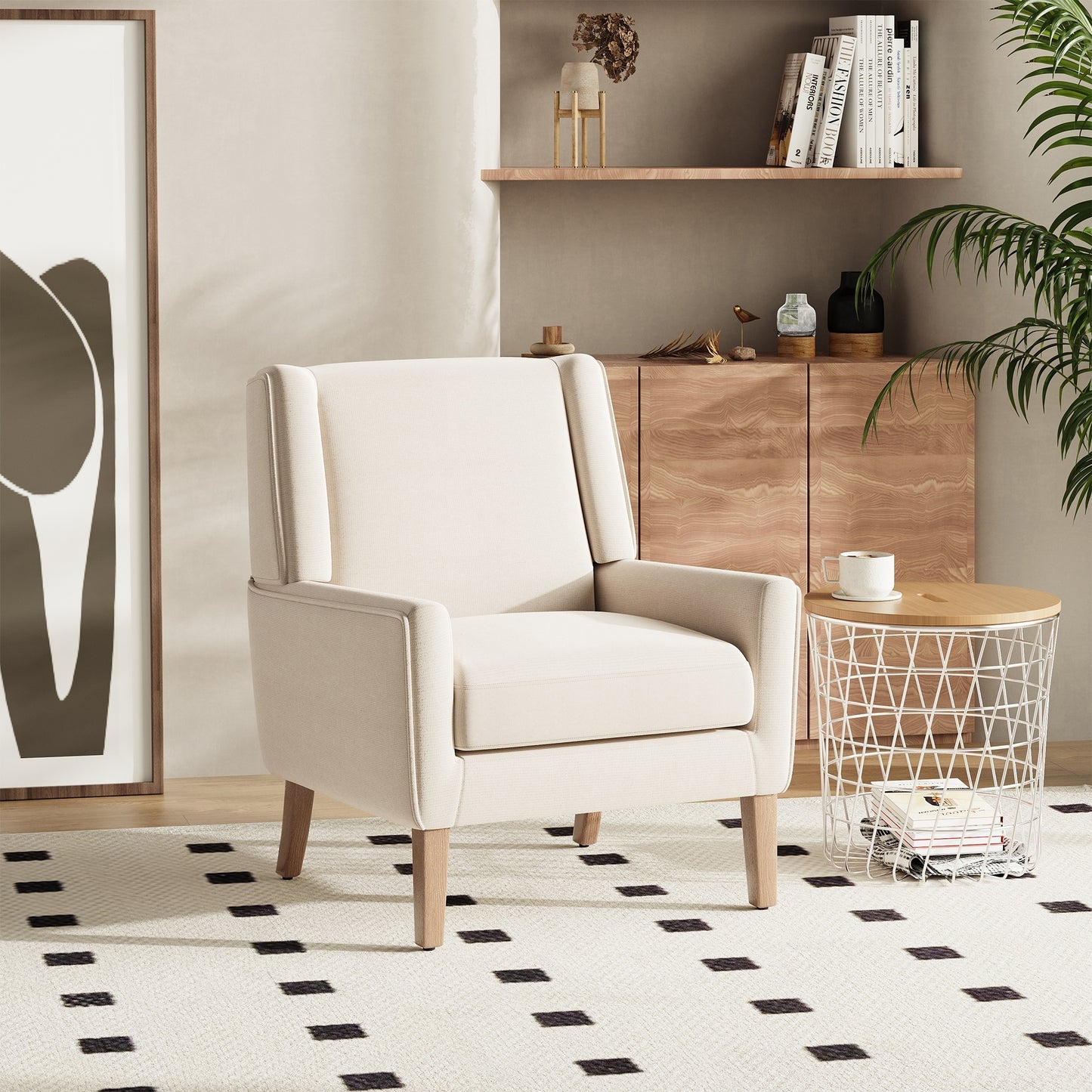 RENEWLINE MidCentury Linen Wing Chair  Tailored Channel Tufting  Walnut Tapered Legs Compact Accent for Reading Nooks