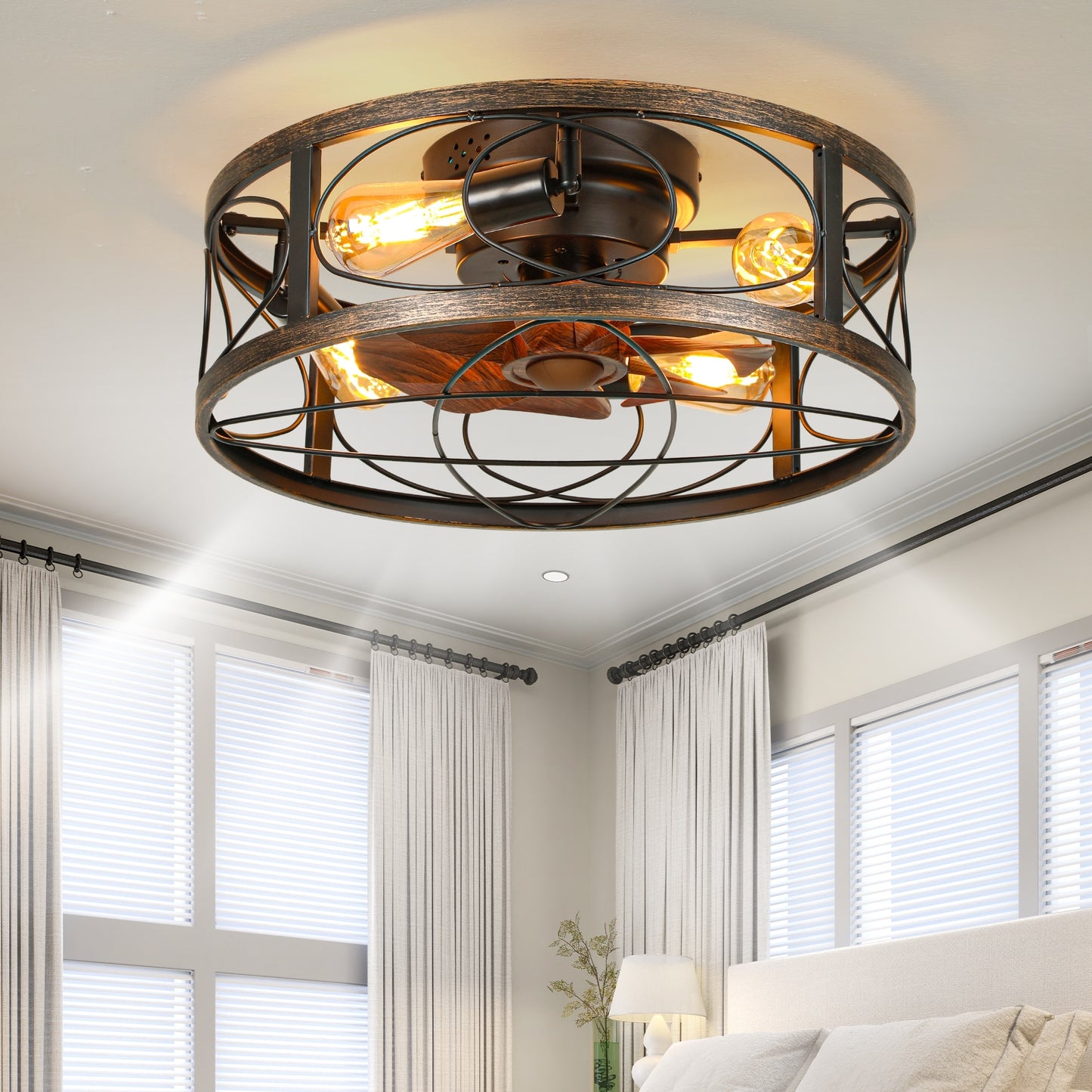 Moasis Farmhouse Flush Mount 20 Inch Caged Ceiling Fan with Lights and Remote  20 inch