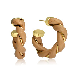 Gold-Plated Twisted Leather Hoop Earrings with Gift Pouch