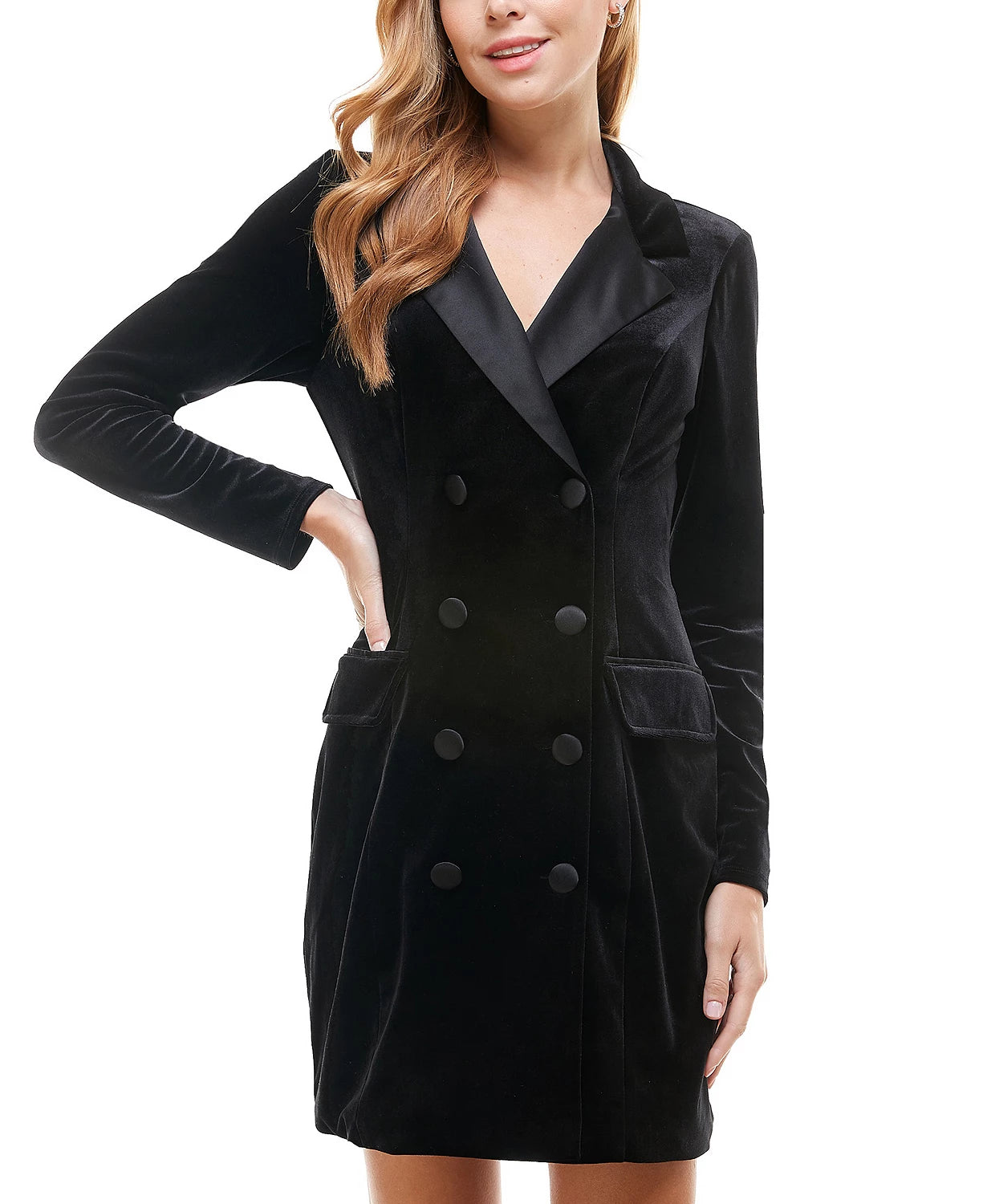 City Studios Juniors' Velvet Tuxedo Blazer Dress Black Size XX Large