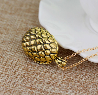 Gold Dragon Egg Pendant Necklace – Antique Fantasy-Inspired Jewelry with Textured Scale Design, 18" Chain