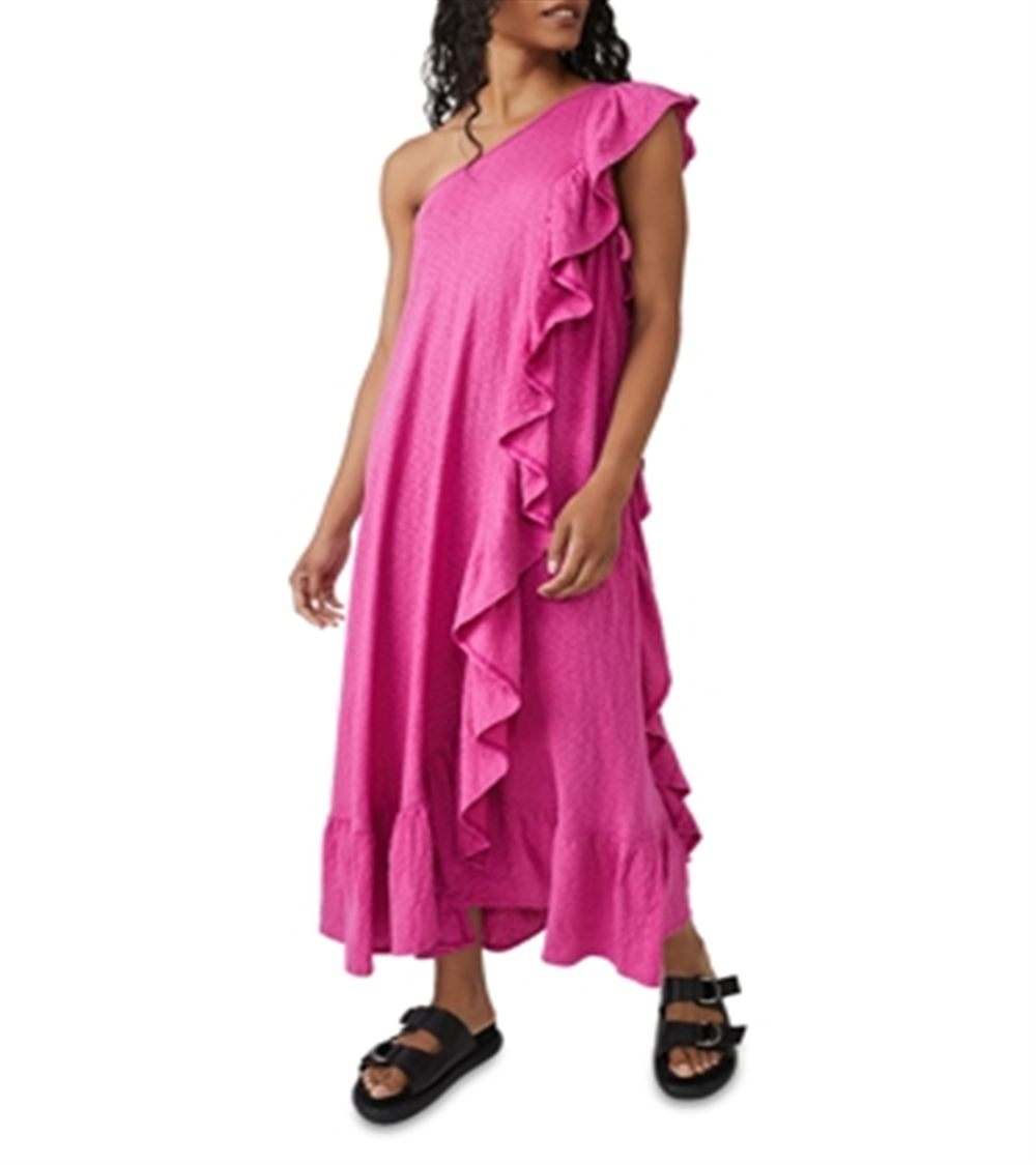 Free People Elisa Cotton Ruffled One Shoulder Dress Pink Size XS