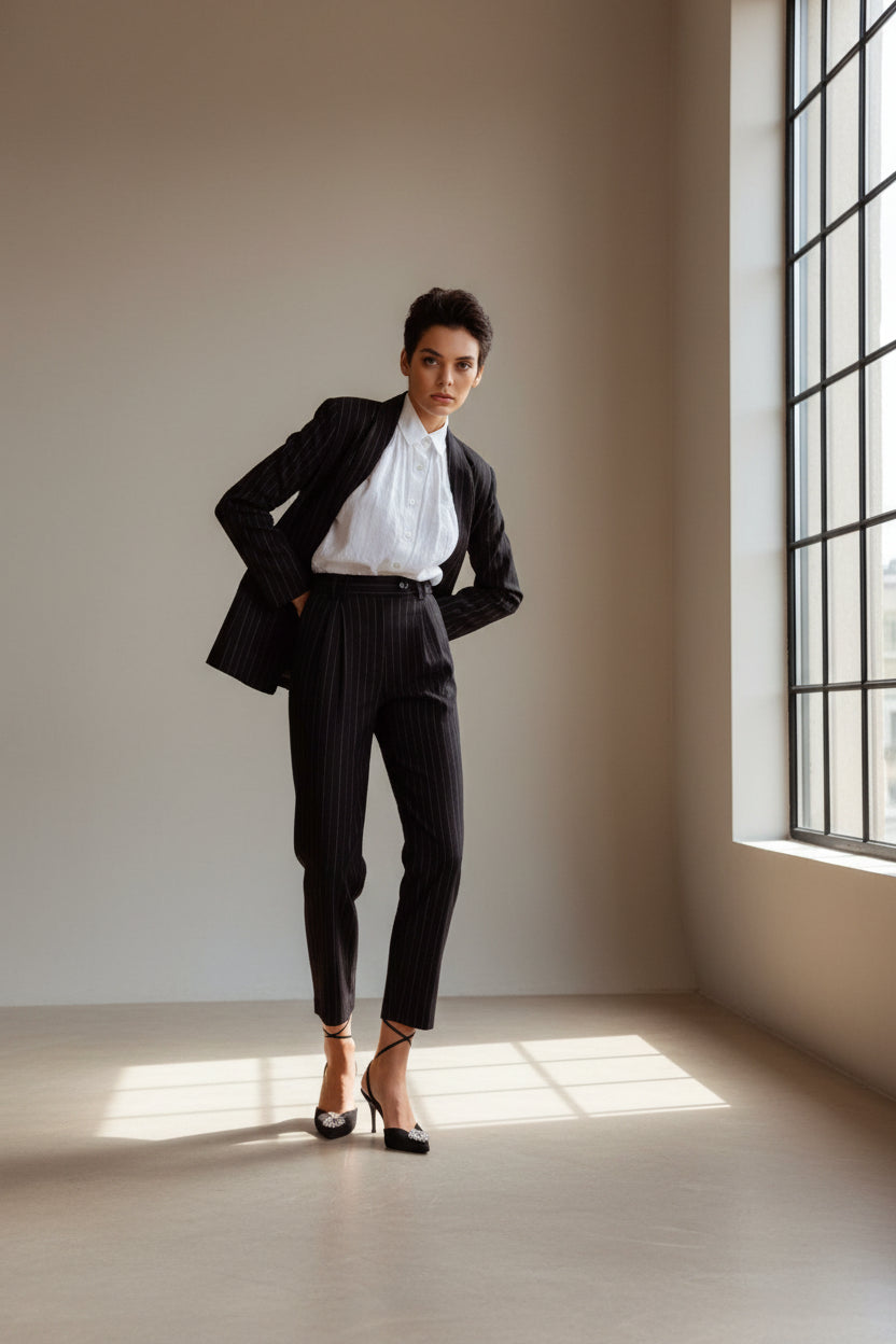 Black Pinstripes Suit Pants – Women’s Tailored Office Trousers