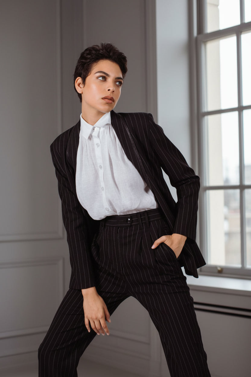 Black Pinstripes Suit Pants – Women’s Tailored Office Trousers