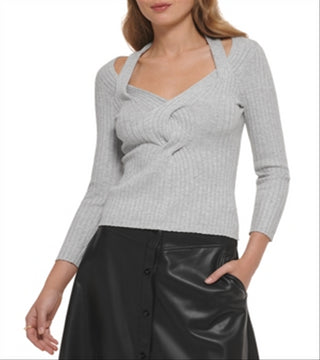 Dkny Cutout Long Sleeve Ribbed Sweater Gray Size L