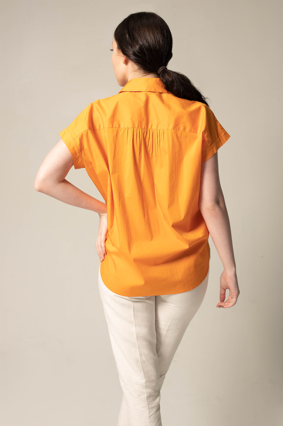 Womens Gather Collar Shirt in Orange – Stylish Gathered Blouse