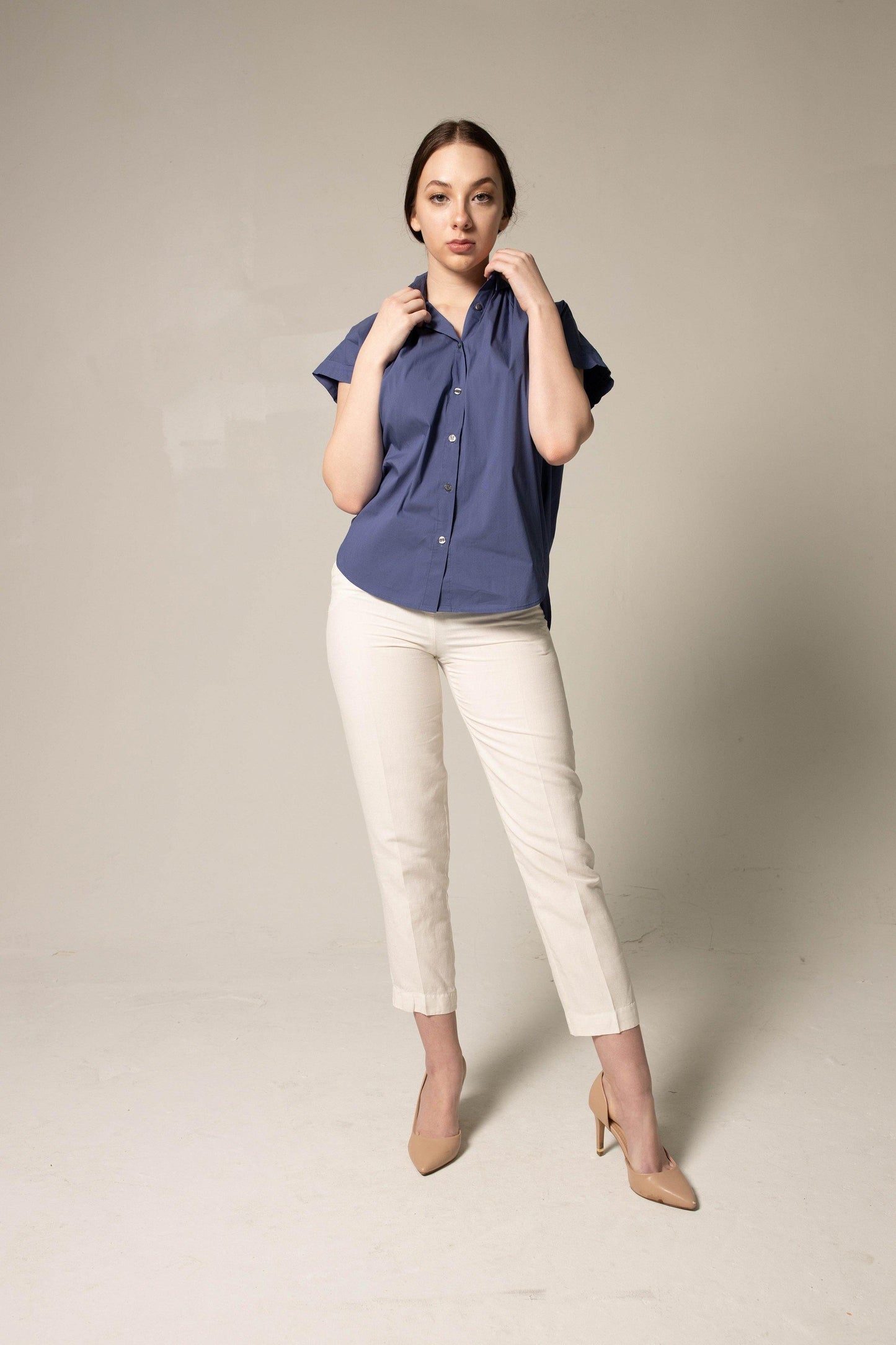 Womens Gather Collar Shirt in Navy – Elegant Blouse