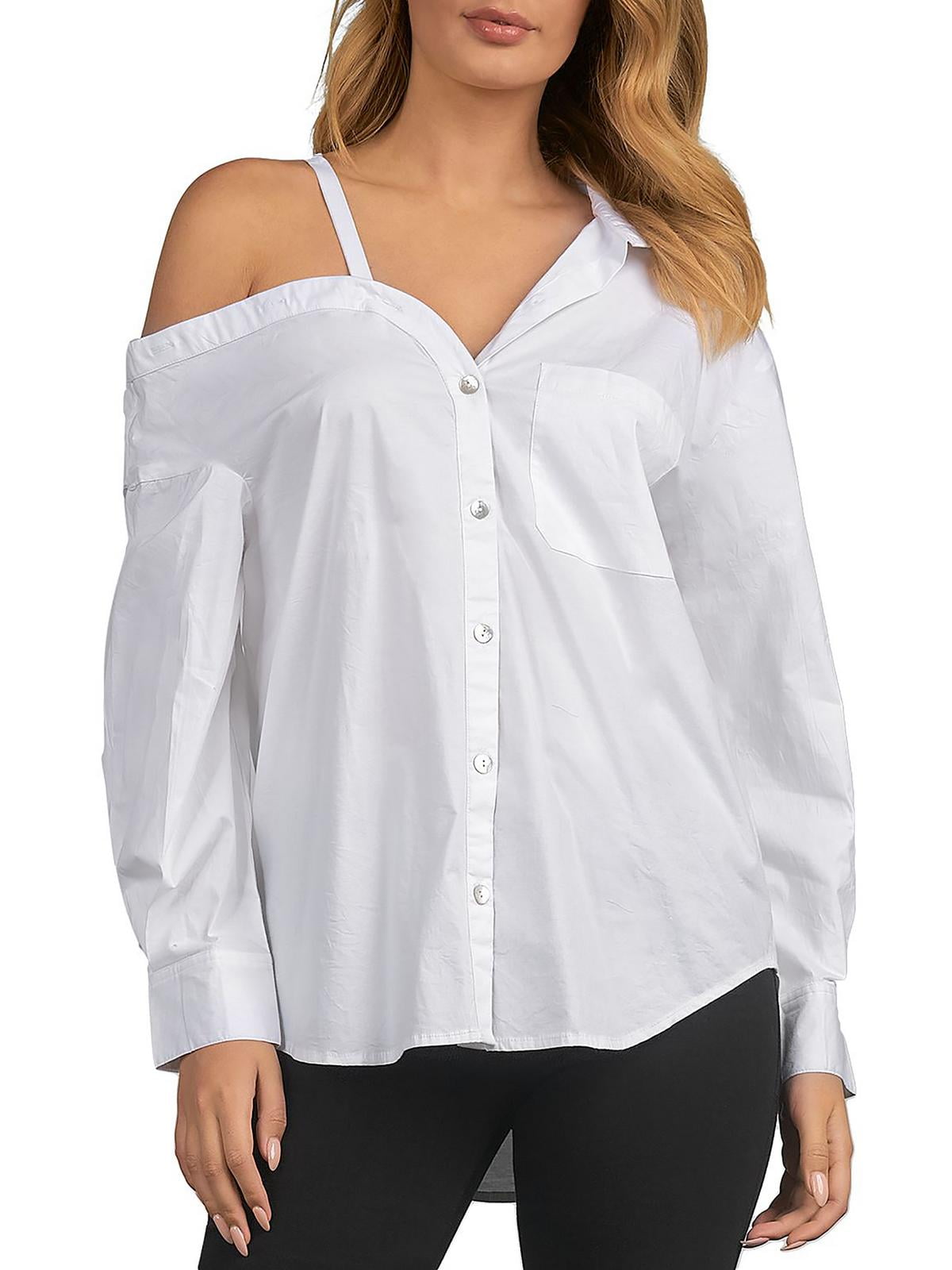 Elan Womens Collared Cold Shoulder Button-Down Top White Size XS