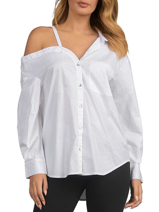 Elan Womens Collared Cold Shoulder Button-Down Top White Size XS