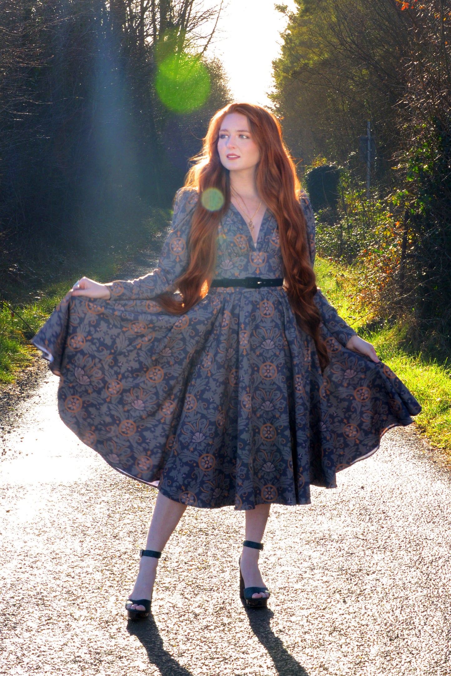 Luna 40s Swing Dress in Royal Woods Crepe | Laura Byrnes & Hope Johnstun