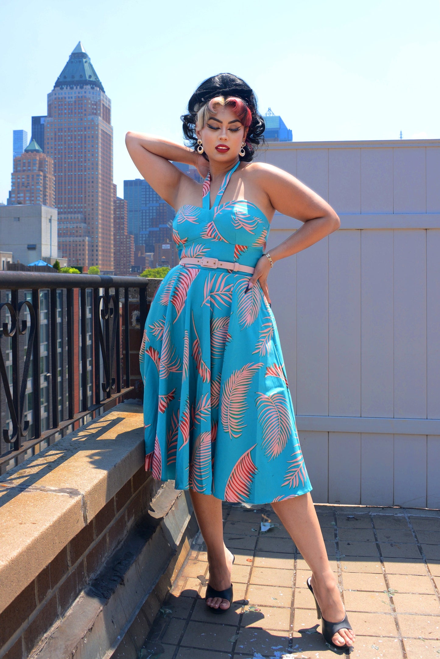Serena Swing Dress in Aqua Palm Print on Crepe | Laura Byrnes & Hope Johnstun