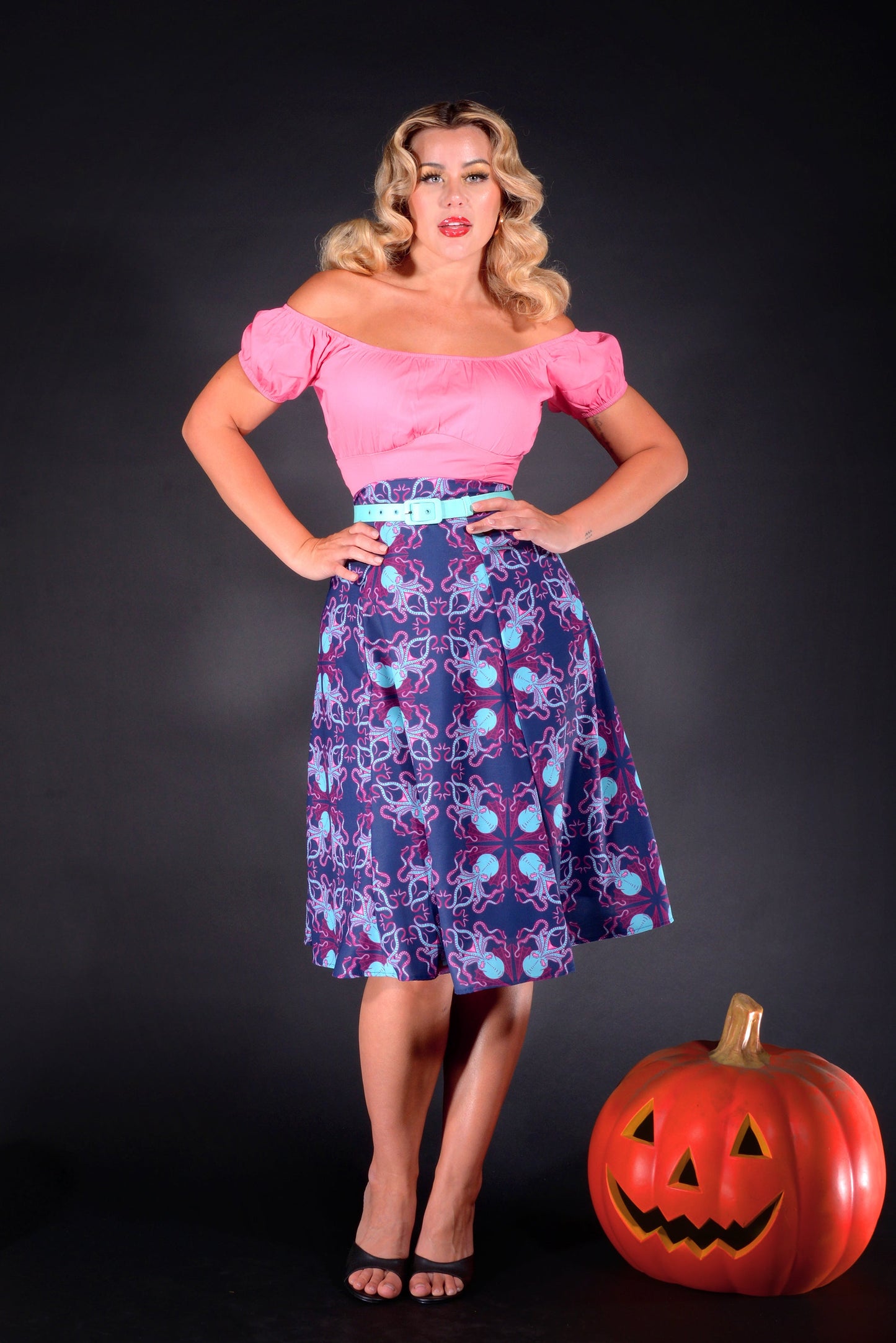 Viva 40s Style Tulip Skirt in Blue Daddy Cthulhu Print Stretch Crepe | Laura Byrnes & Hope Johnstun