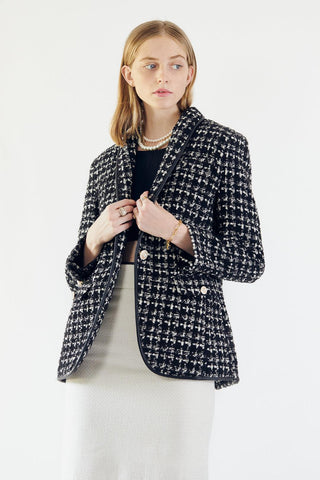 Black & White Tweed Checkers Blazer – Women’s Chic Tailored Jacket