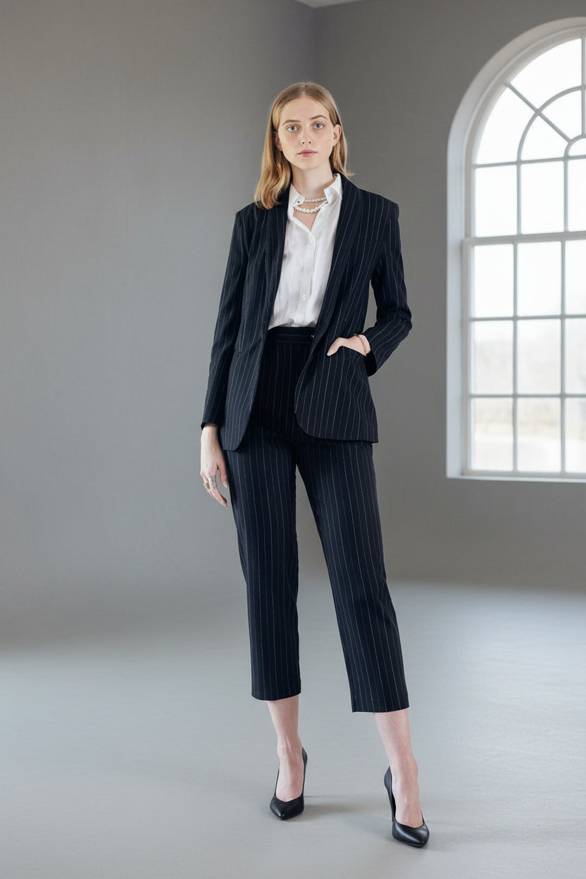 Black Pinstripes Blazer – Women’s Tailored Office Jacket