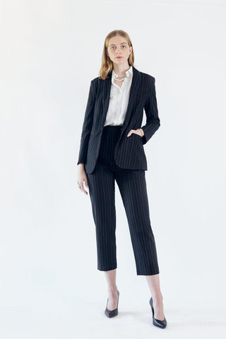 Black Pinstripes Blazer – Women’s Tailored Office Jacket