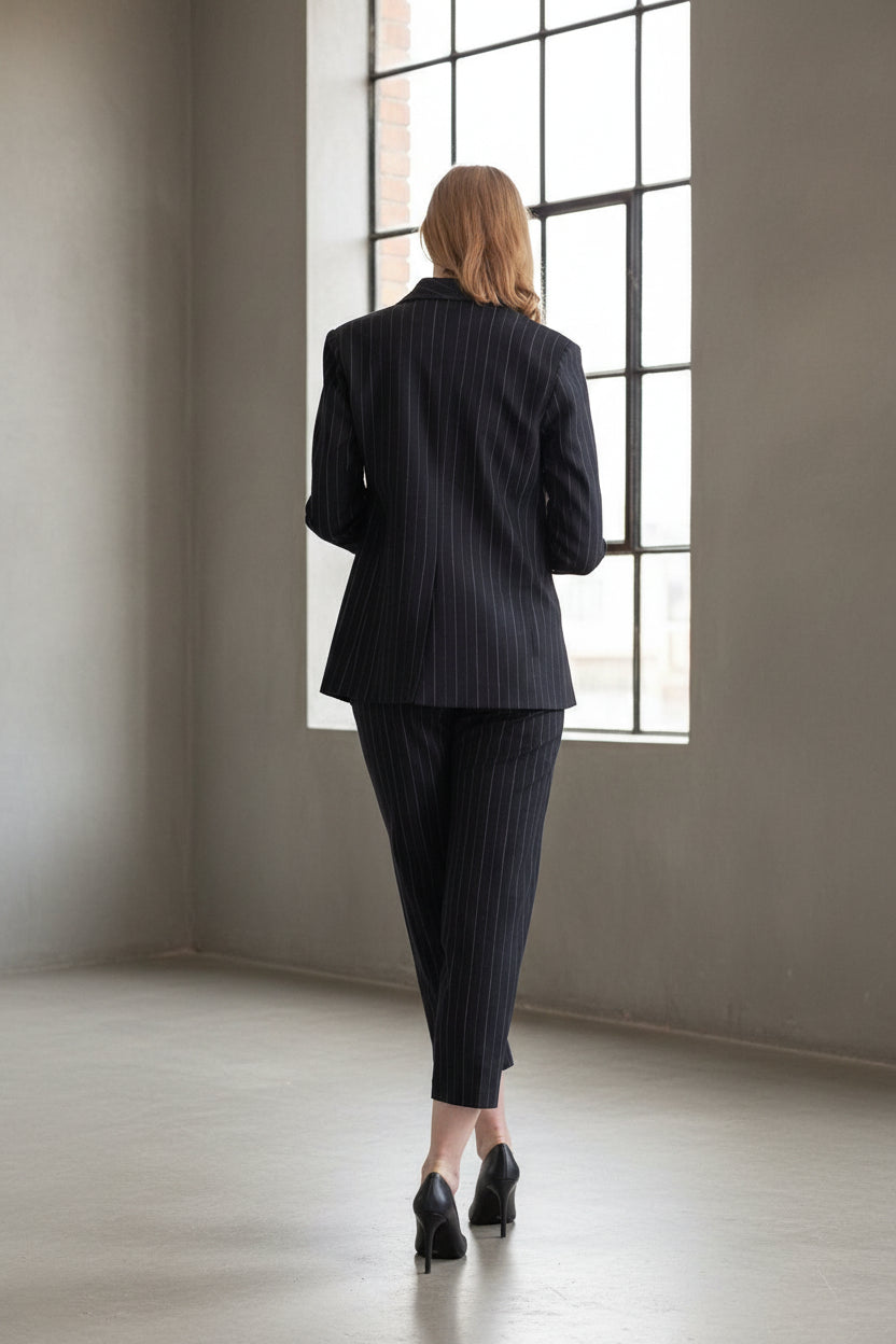 Black Pinstripes Blazer – Women’s Tailored Office Jacket