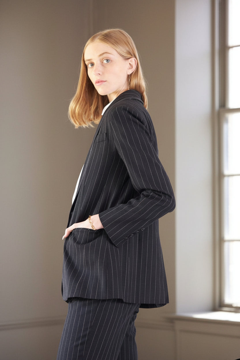 Black Pinstripes Blazer – Women’s Tailored Office Jacket