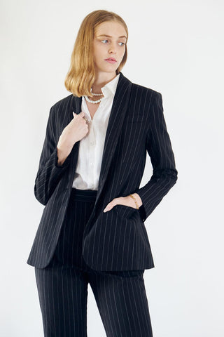 Black Pinstripes Blazer – Women’s Tailored Office Jacket