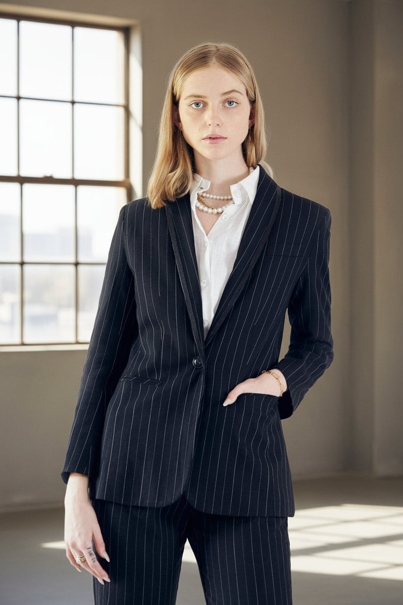Black Pinstripes Blazer – Women’s Tailored Office Jacket