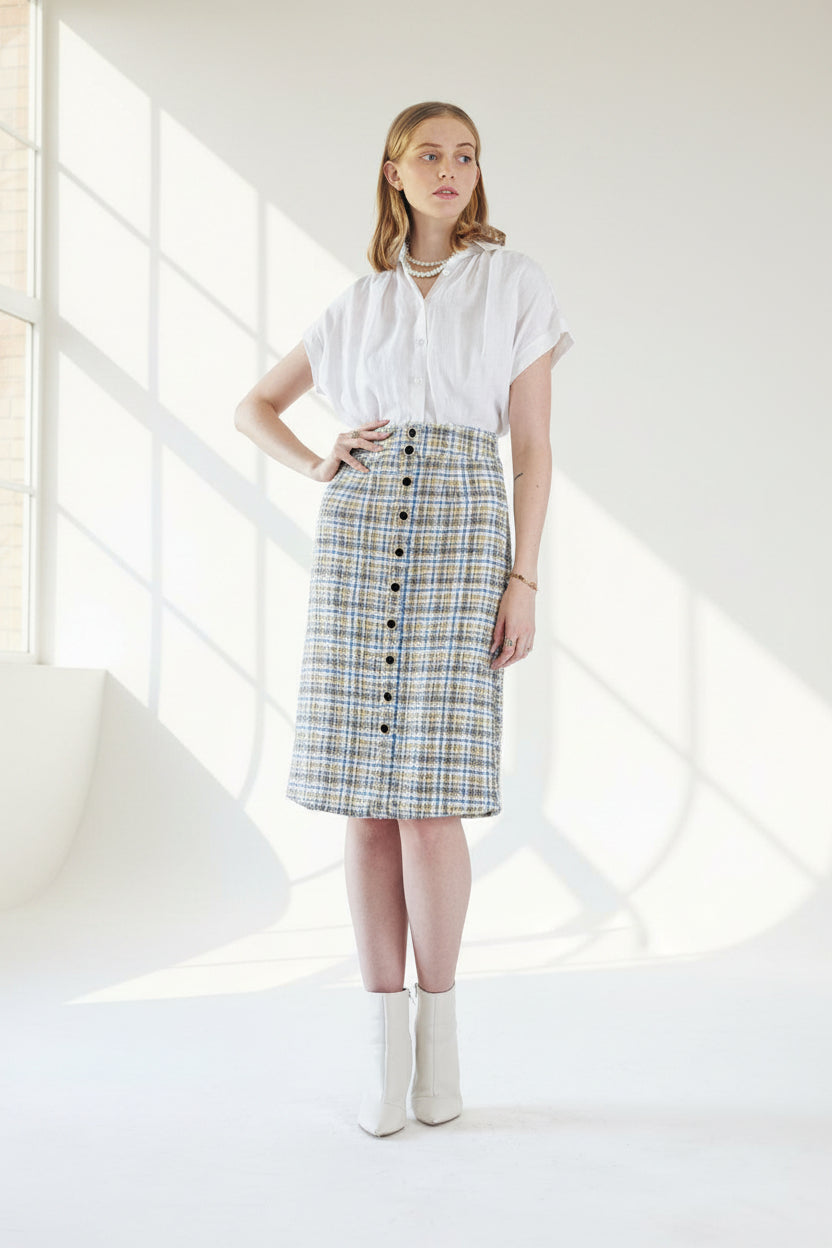 Luxe Plaid Tweed Pencil Skirt – Women’s Chic Tweed Skirt
