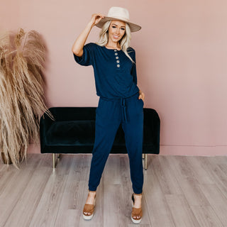 Zenana Women's Spring Half Sleeve Button Down Jogger Style Jumpsuit with Pockets Blue Size Large