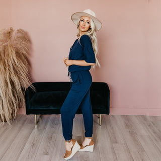 Zenana Women's Spring Half Sleeve Button Down Jogger Style Jumpsuit with Pockets Blue Size Large