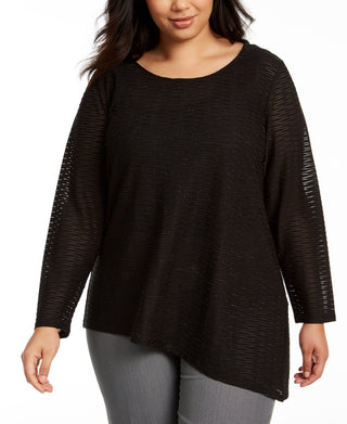 Calvin Klein Women's Plus Size Metallic Wavy Knit Asymmetrical-Hem Top Black Size 2X