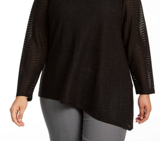 Calvin Klein Women's Plus Size Metallic Wavy Knit Asymmetrical-Hem Top Black Size 2X