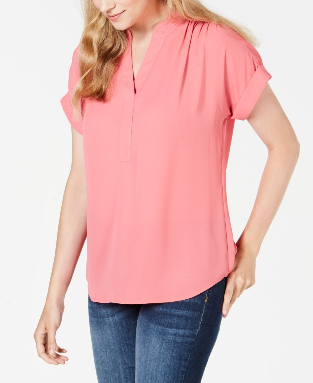 Charter Club Women's Petite Split-Neck Short-Sleeve Top Pink Size 44