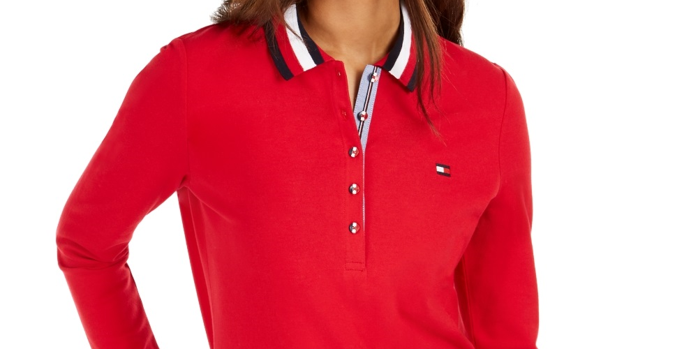 Tommy Hilfiger Women's Striped Collar Polo Shirt Red Size Small