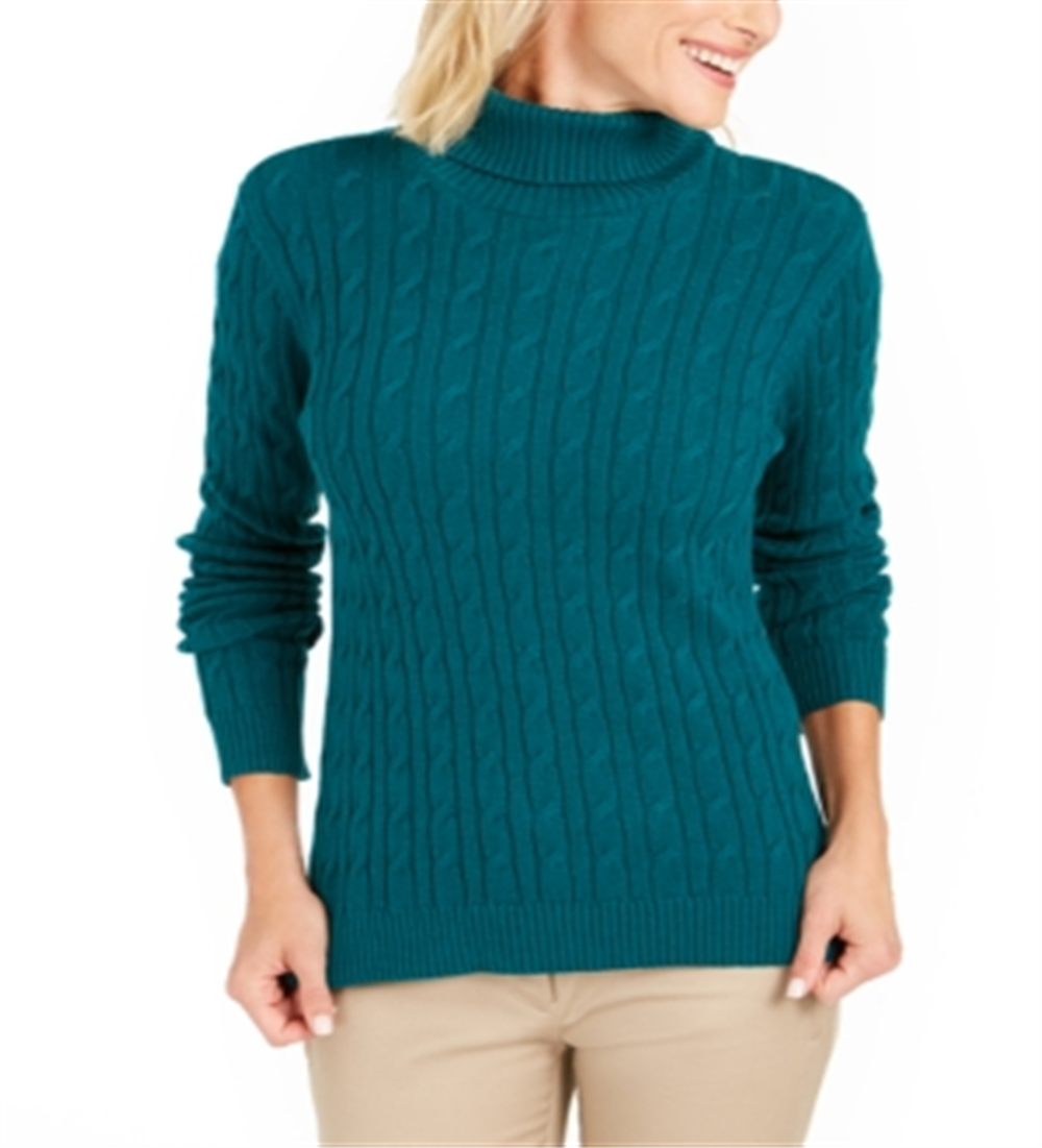 Charter Club Women's Cable Knit Turtleneck Sweater Green Size Petite S