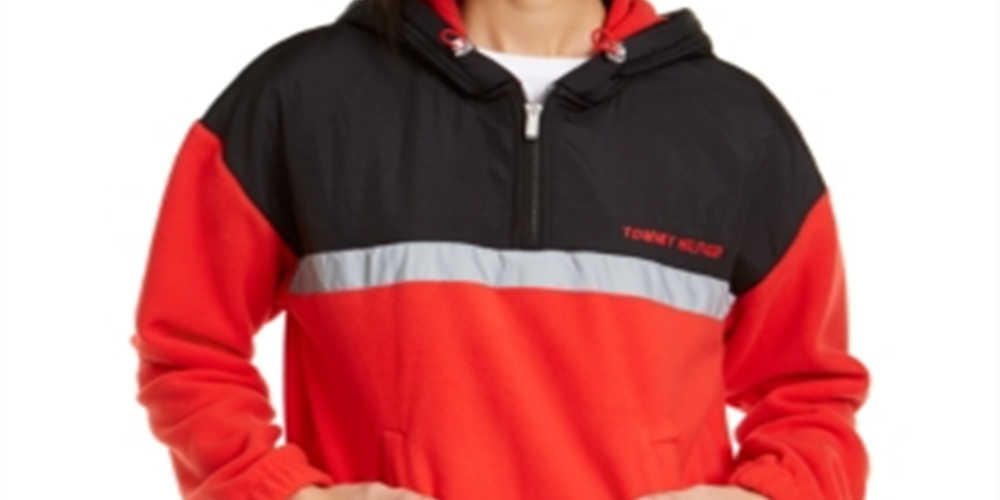 Tommy Hilfiger Women's Pocketed Color Block Long Sleeve Zip Neck Hoodie Red Size Medium