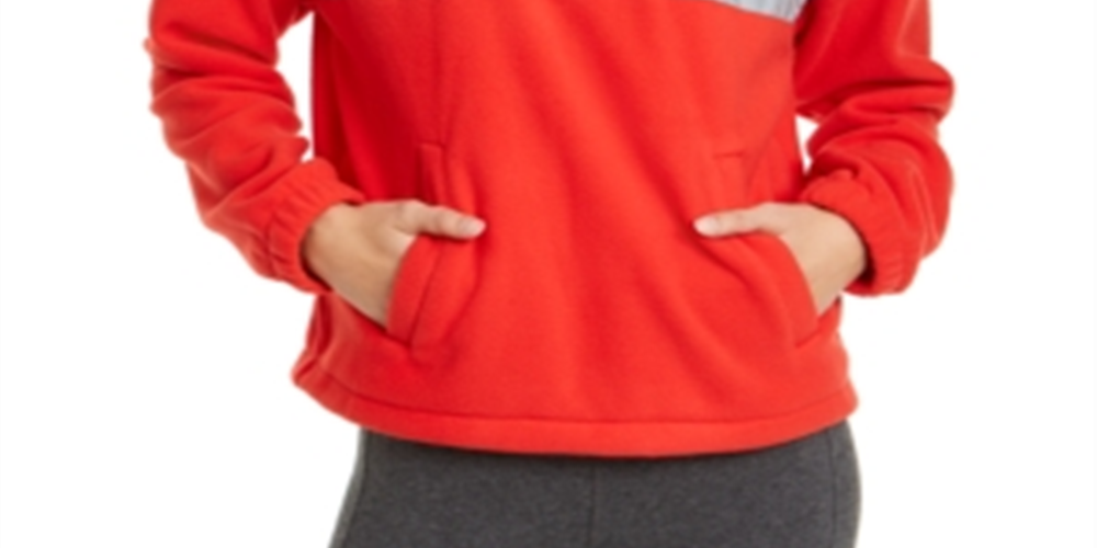 Tommy Hilfiger Women's Pocketed Color Block Long Sleeve Zip Neck Hoodie Red Size Medium