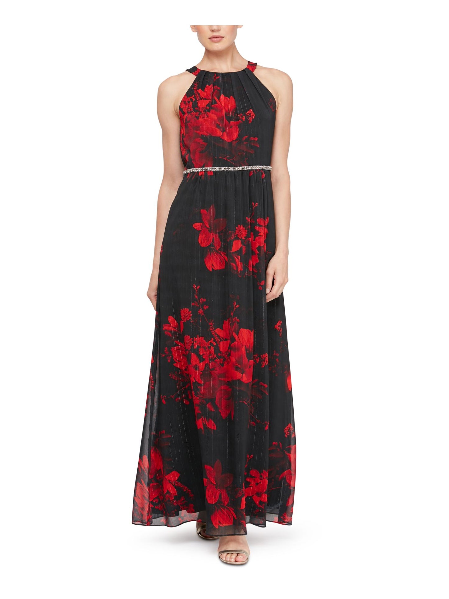 SL Fashions Women's Embellished Floral Print Gown Red Size 12