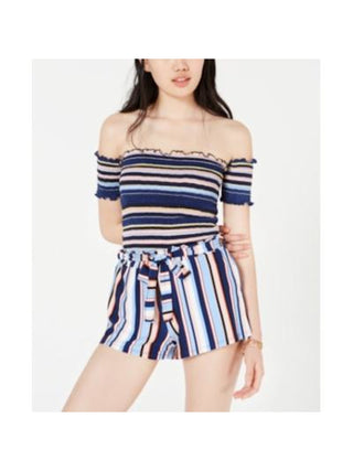 Crave Fame Women's Striped Smocked Off Shoulder Crop Top Blue Size Medium