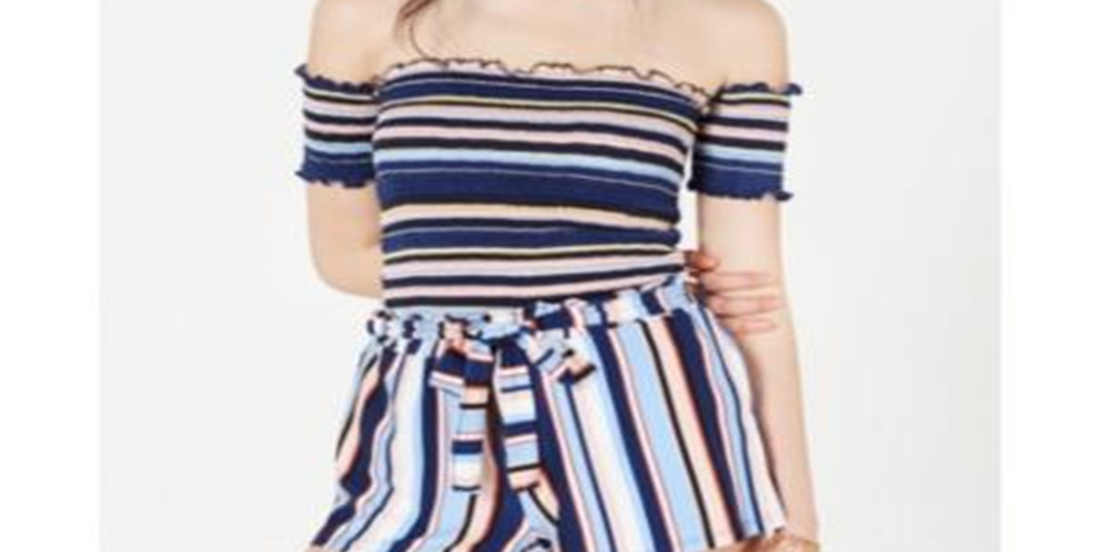 Crave Fame Women's Striped Smocked Off Shoulder Crop Top Blue Size Medium