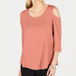 JM Collection Women's Cold Shoulder Solid 3/4 Sleeve Scoop Neck Top Pink Size Petite Medium