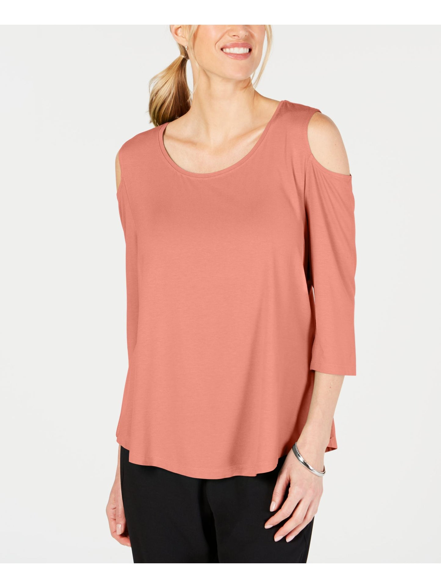 JM Collection Women's Cold Shoulder Solid 3/4 Sleeve Scoop Neck Top Pink Size Petite Medium