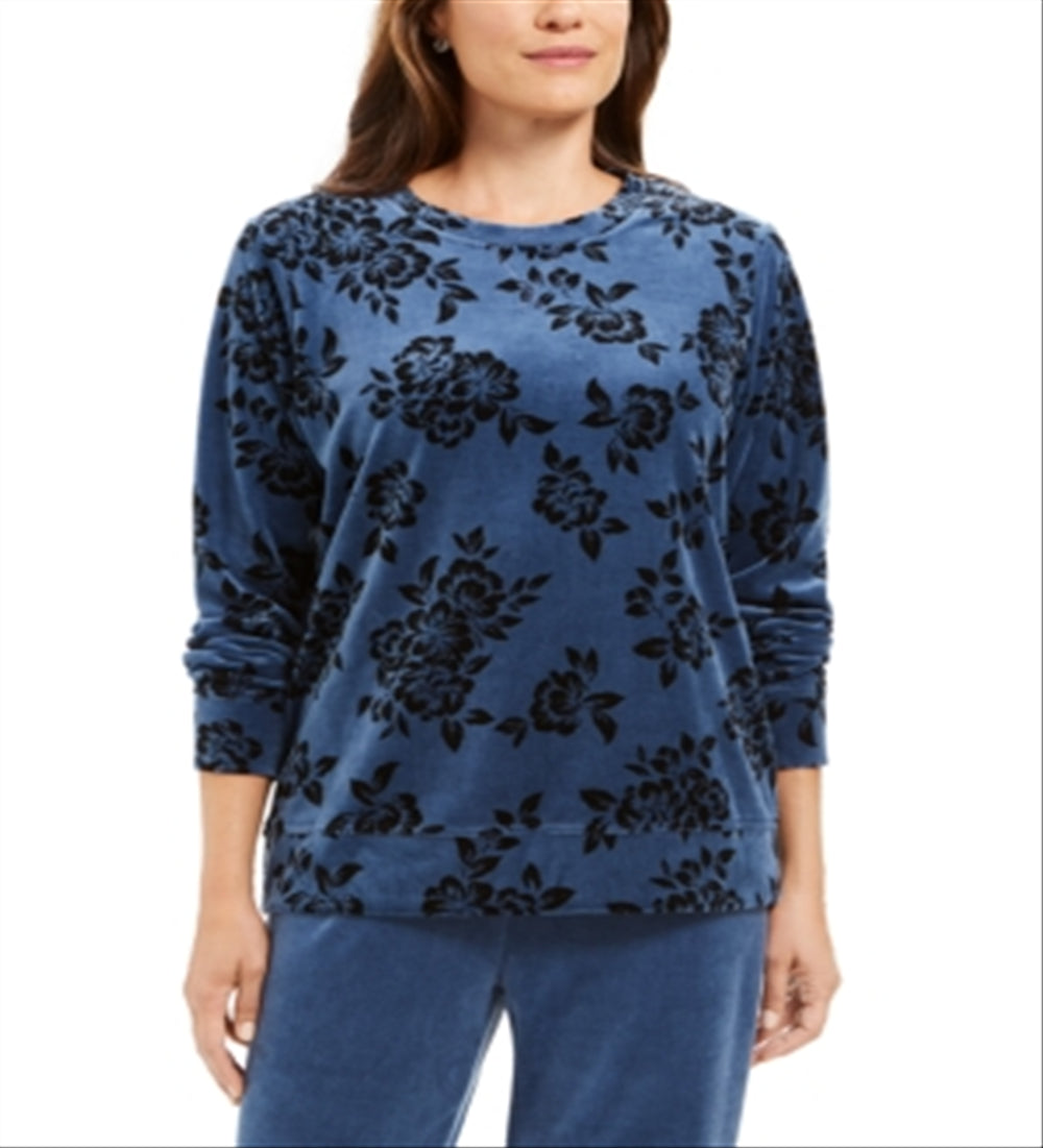 Karen Scott Women's Sport Printed Flocked Sweatshirt Blue Size X-Small