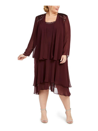 Sl Fashions Women's Embellished Dress & Jacket Burgundy Size 16W