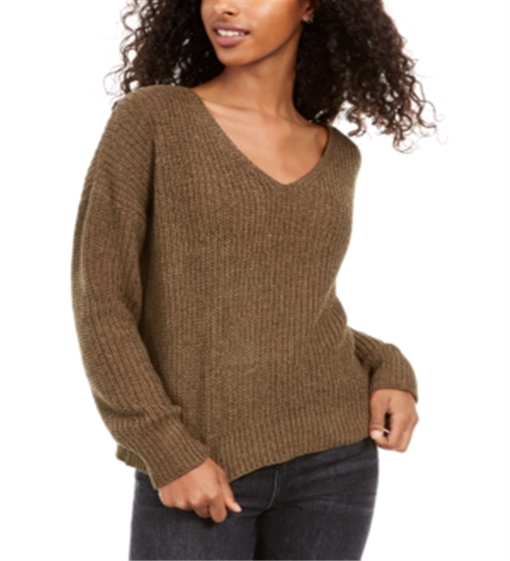 Hippie Rose Junior's Chenille V Neck Sweater Green Size Medium