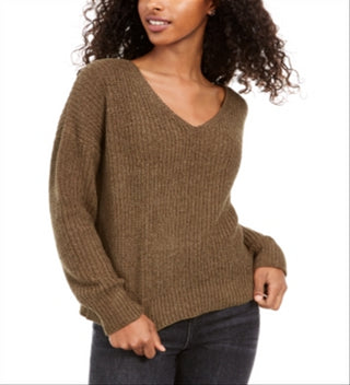 Hippie Rose Junior's Chenille V Neck Sweater Green Size Medium