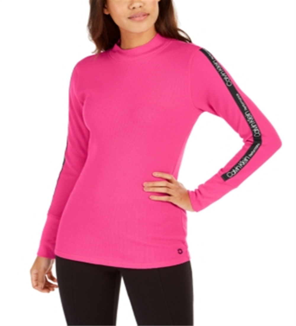 Calvin Klein Women's Performance Logo Stripe Mock Neck T-Shirt Pink Size Small