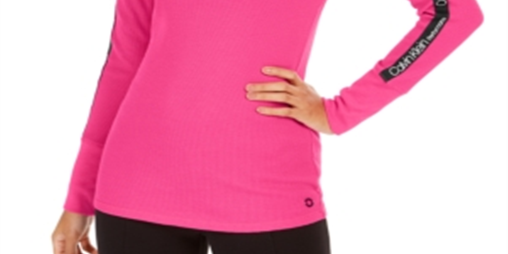 Calvin Klein Women's Performance Logo Stripe Mock Neck T-Shirt Pink Size Small