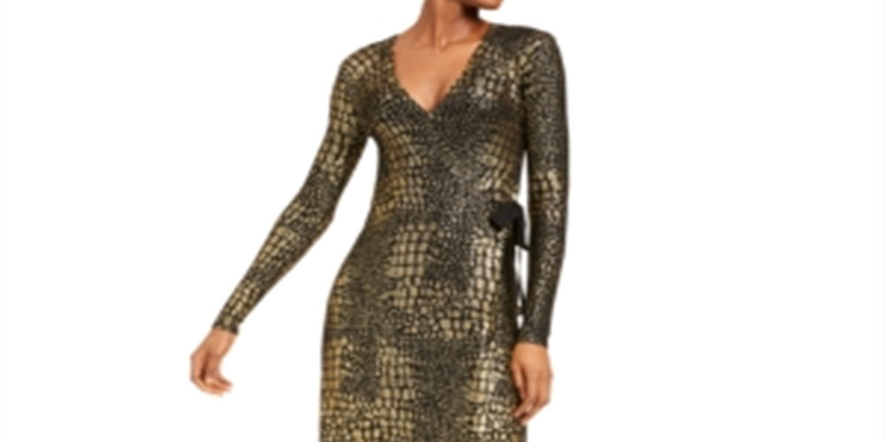INC International Concepts Women's Patterned Long Sleeve V Neck Above the Knee Evening Body Con Dress Yellow Size Small